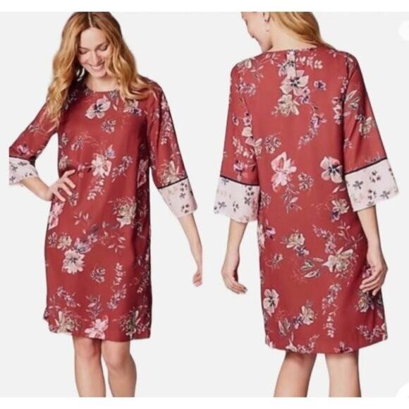 J Jill Watercolor Rust Floral Shift Dress 3/4 Kimono Sleeve Small Boho Office - Picture 1 of 10